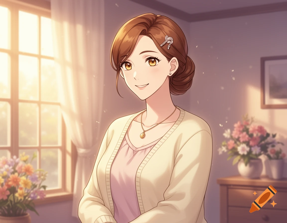 Anime-style portrait of a smiling woman with brown hair in a bun, wearing a white cardigan and pink blouse indoors.