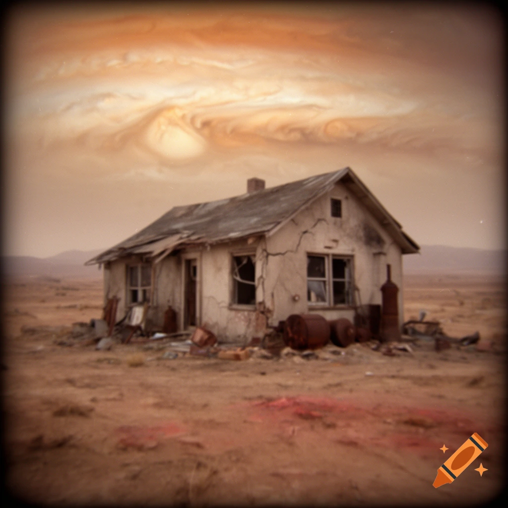 An abandoned house in a desolate desert landscape under a massive gas giant planet sky, grainy vintage photograph style.