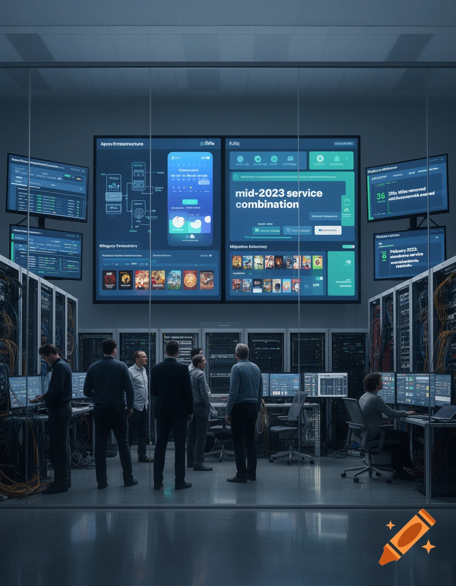 Photorealistic image of technicians standing in a server room looking at large multi-screen dashboards.