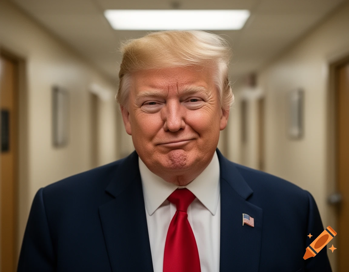 Photorealistic portrait of Donald Trump in a suit and red tie, standing in a hallway.
