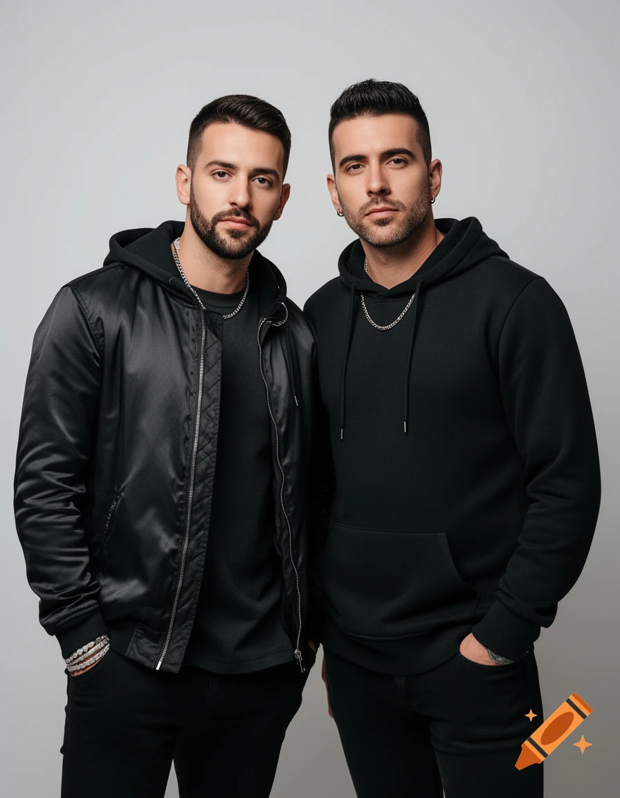 Photorealistic studio portrait of two men in black hoodies standing side by side against a neutral gray background.