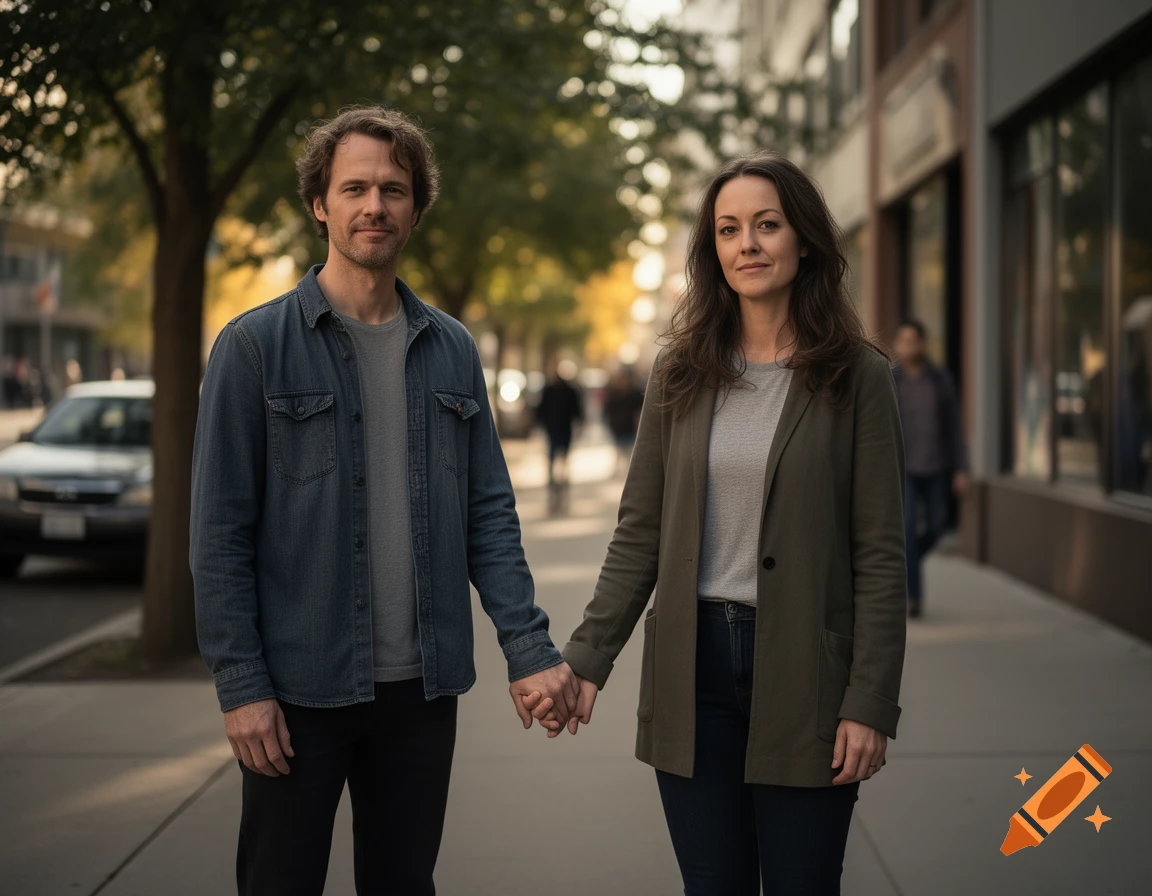 Photorealistic image of a man and woman holding hands while walking down a city sidewalk.