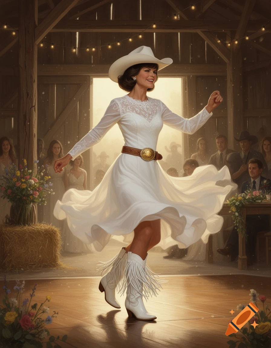 Photorealistic image of a woman in a white wedding dress and cowboy boots line dancing in a barn.