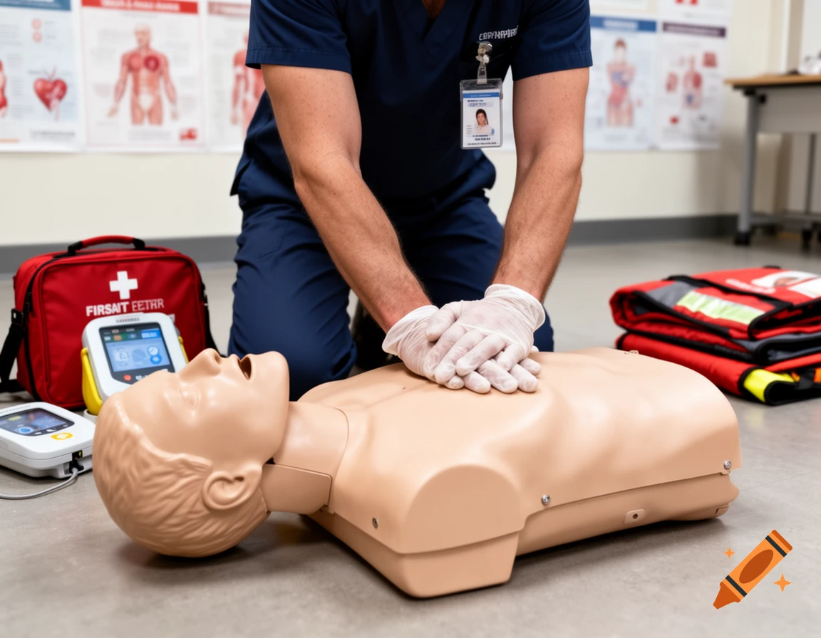 Close-up of a person in scrubs performing CPR on a medical mannequin in a classroom.