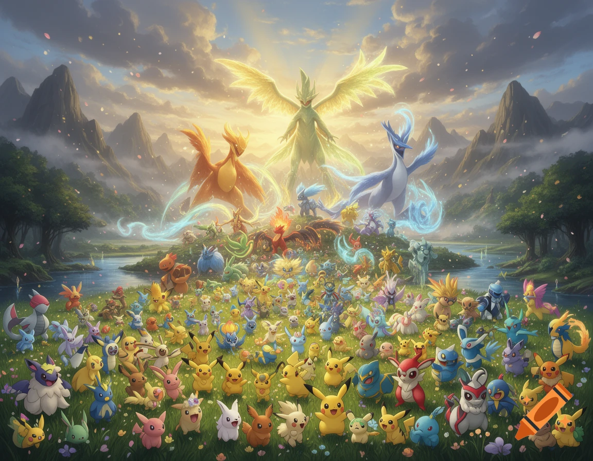 Digital illustration of a large crowd of various Pokemon gathered in a lush green valley with mountains and large elemental creatures in the sky.