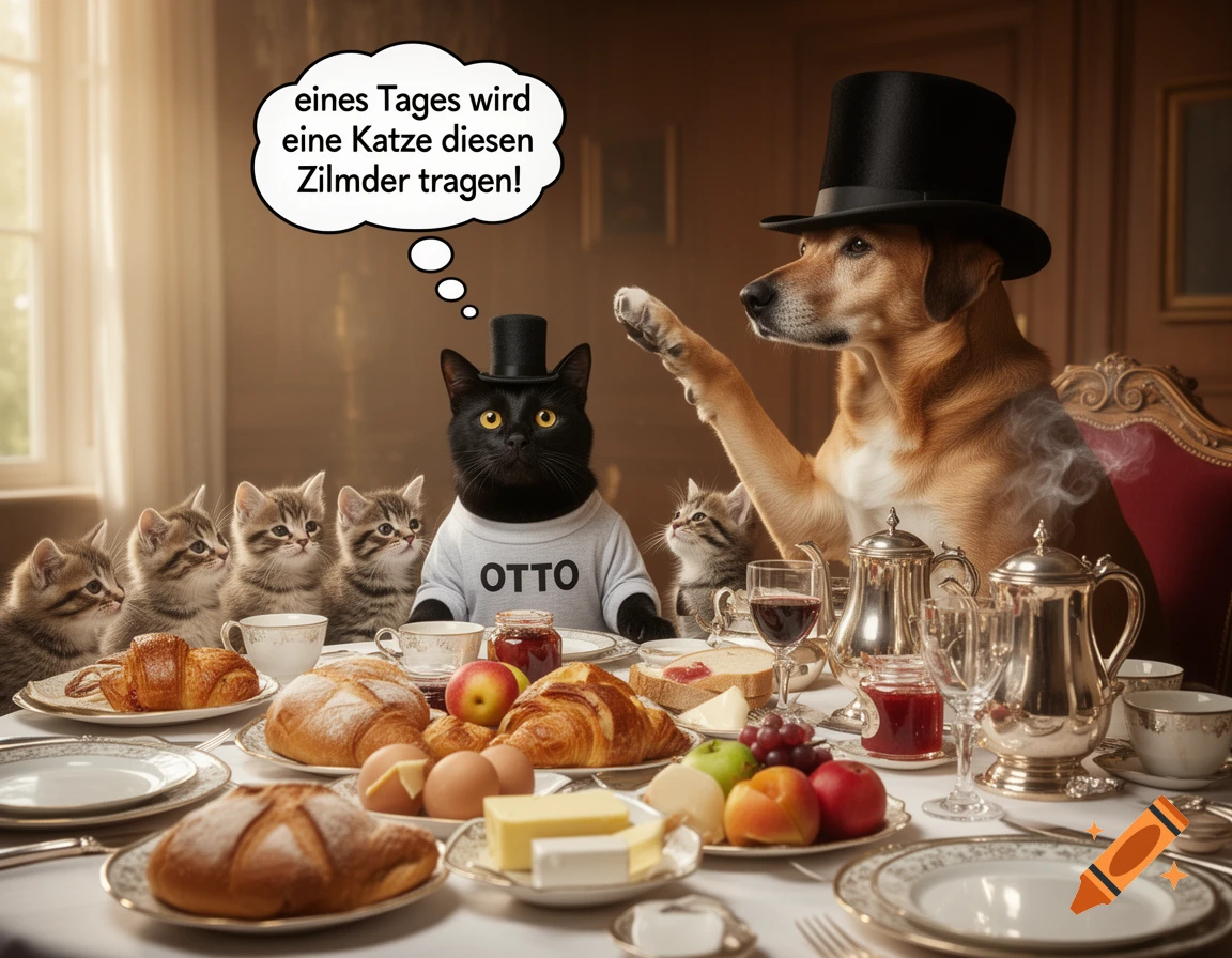A black cat wearing a top hat and OTTO shirt sits at a lavish breakfast table with kittens and a dog in a top hat.