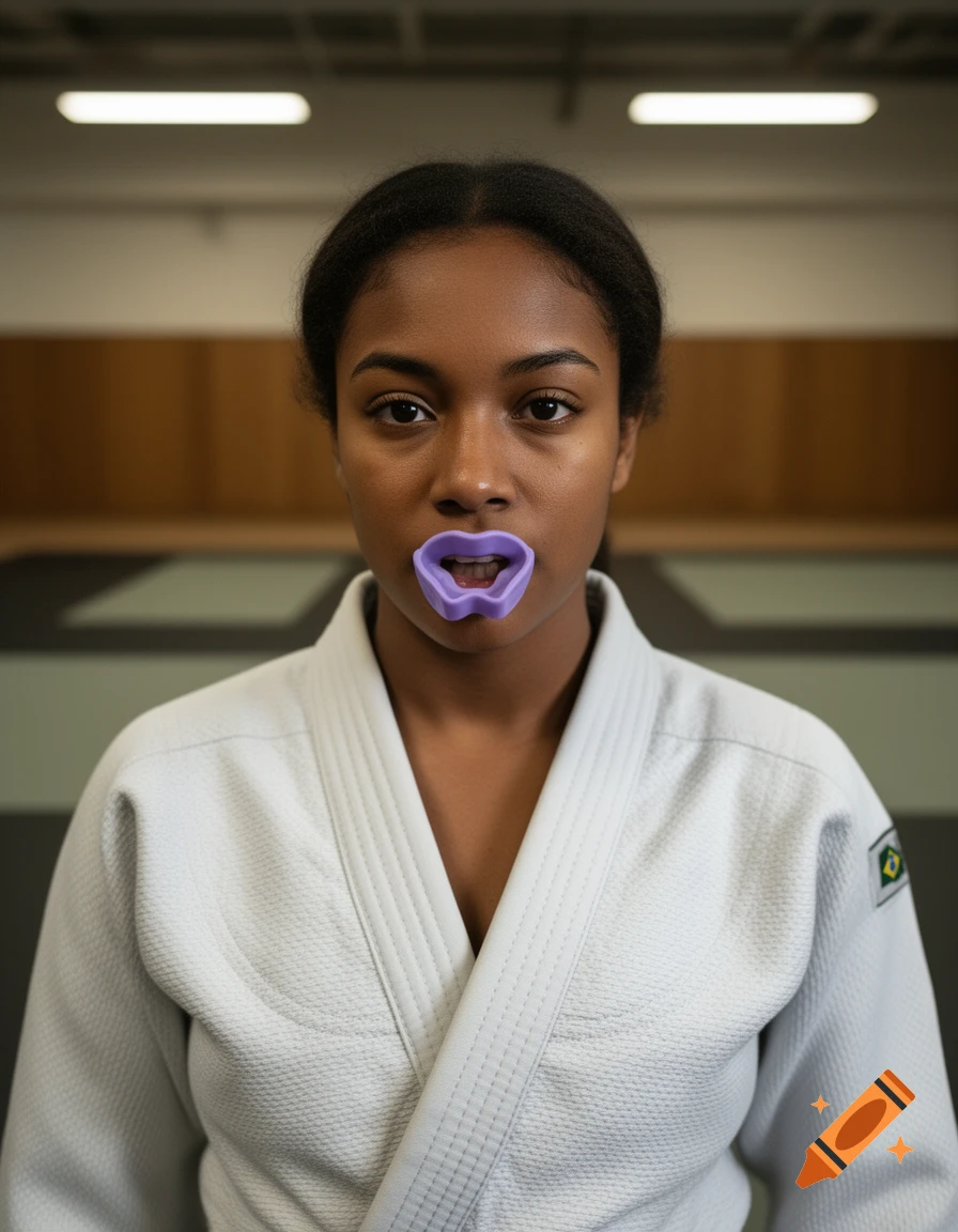 Photorealistic portrait of a young Black woman wearing a white bjj kimono and a purple mouthguard in a training hall.