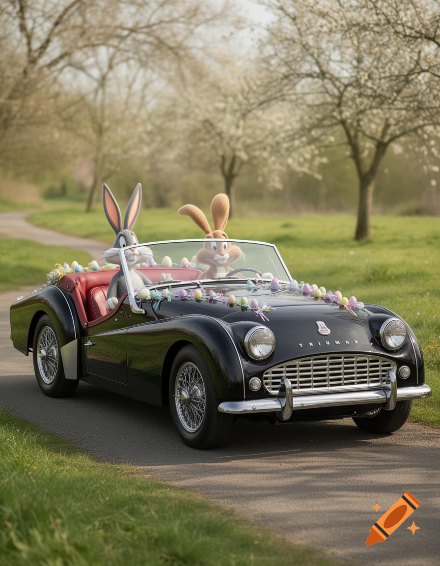 Photorealistic image of Bugs Bunny and Roger Rabbit driving a black vintage Triumph TR3A convertible decorated for Easter.