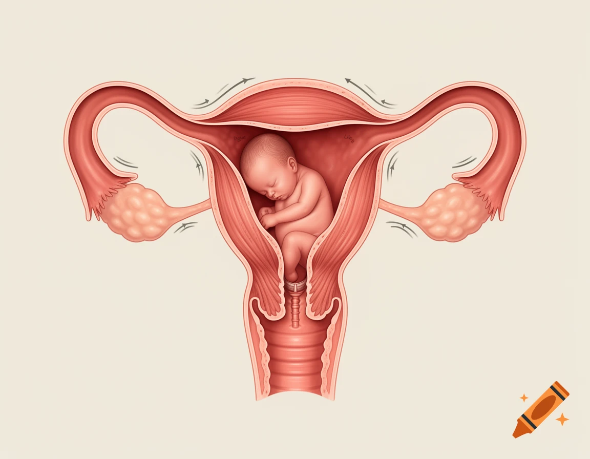 Medical illustration of a human uterus showing a fetus inside, with anatomical details of the fallopian tubes and cervix.