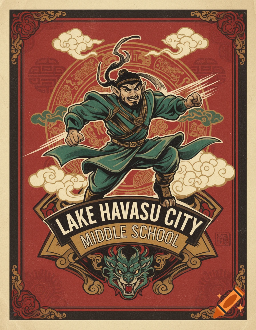 Vintage 1950s Chinese style mascot poster for Lake Havasu City Middle School featuring a dynamic warrior character.