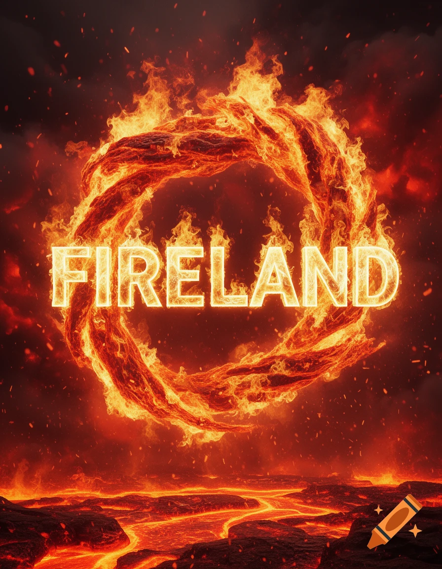 The word FIRELAND rendered in glowing white and yellow flames, framed by a giant fiery vortex over a volcanic landscape.