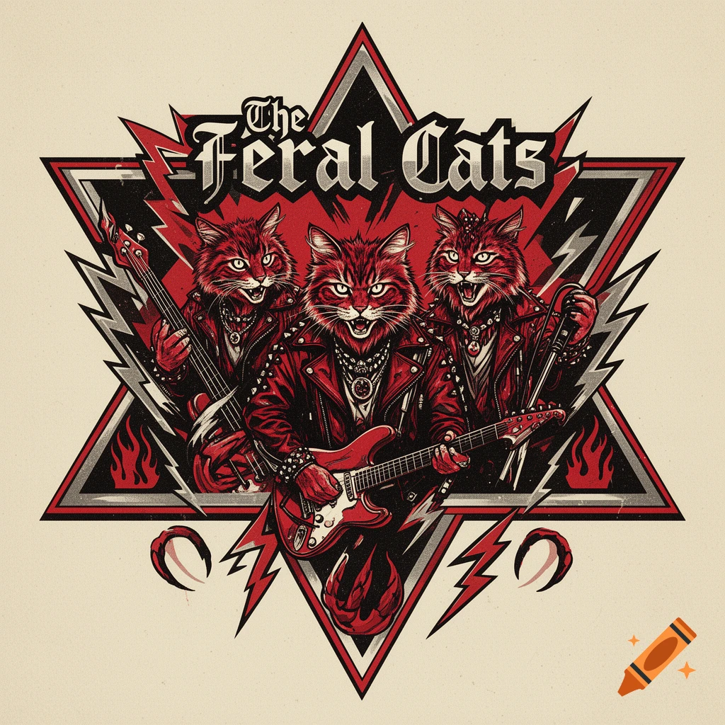 Illustration of three rock star cats with leather jackets and instruments inside a red triangle logo with the text The Feral Cats.