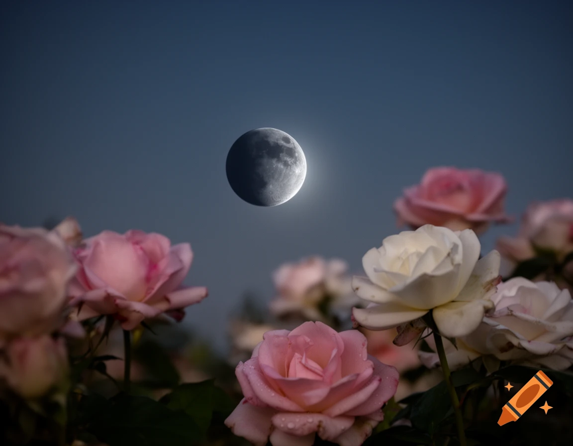 Photorealistic image of pink and white roses blooming beneath a crescent moon in a dark twilight sky.