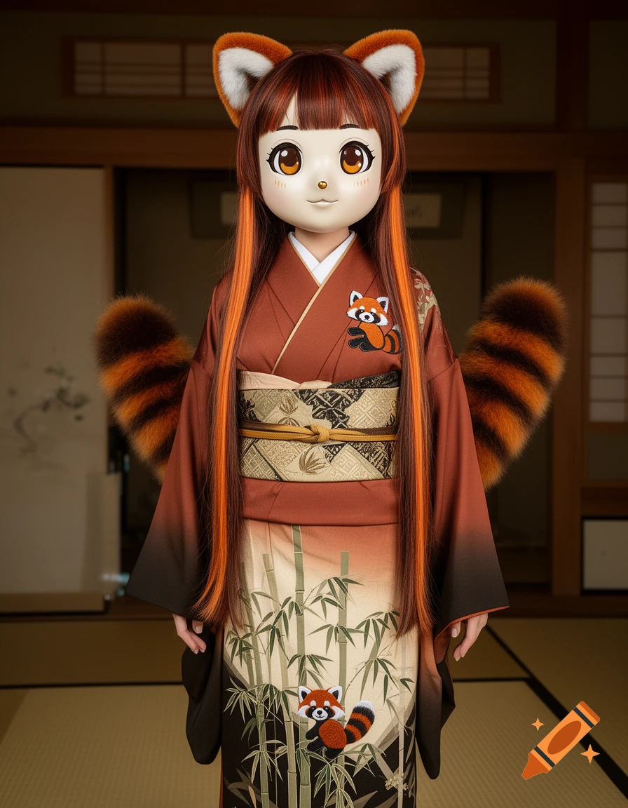 Photorealistic character design of an animegao kigurumi performer in a traditional Japanese red panda-themed kimono.