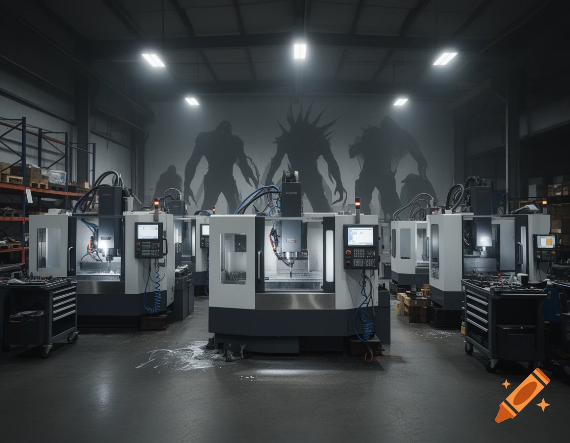 Wide shot of a dim industrial factory filled with CNC machines, with towering shadow monsters silhouetted on the back wall, photorealistic.