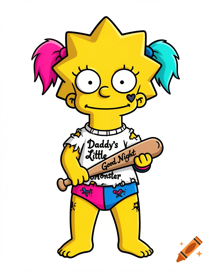 Digital illustration of Maggie Simpson styled as Harley Quinn with pink and blue pigtails, holding a baseball bat.