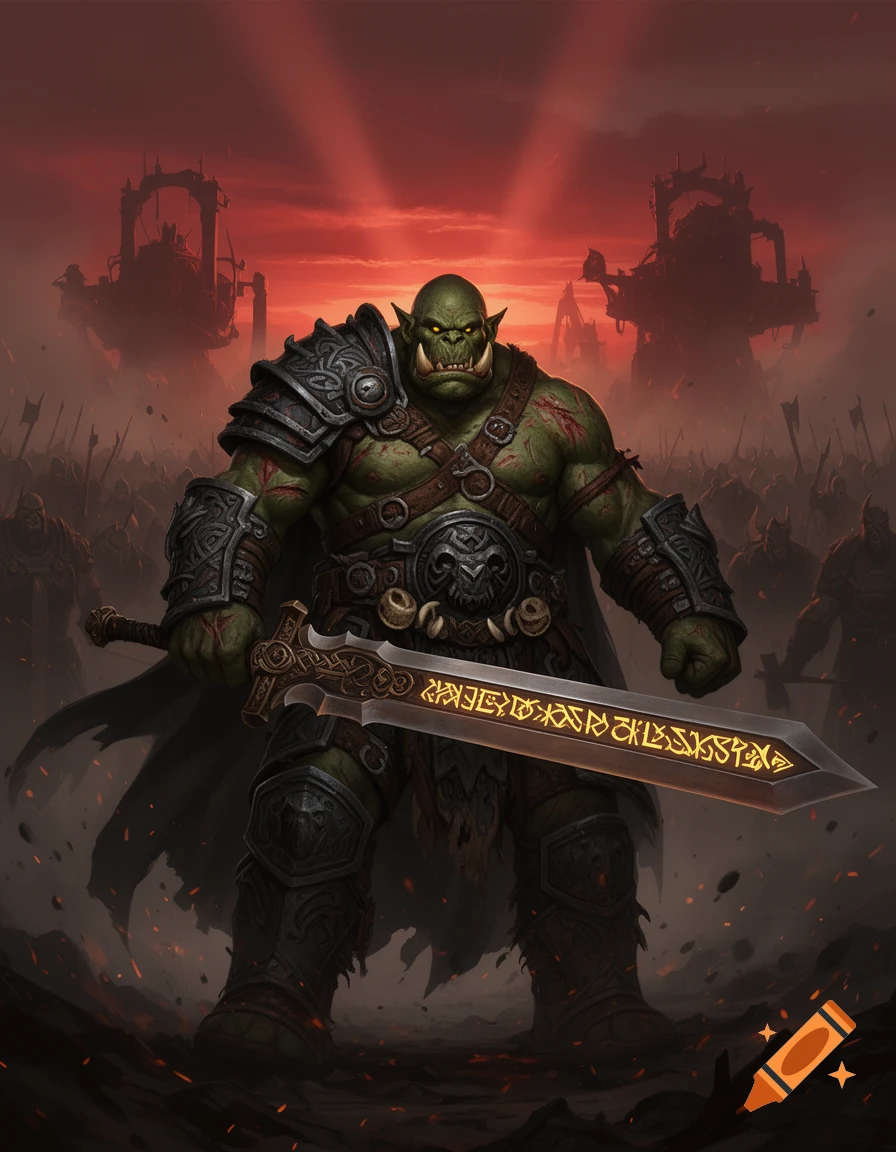 Digital painting of a massive green-skinned orc warrior holding a glowing runic sword before a battle at sunset.