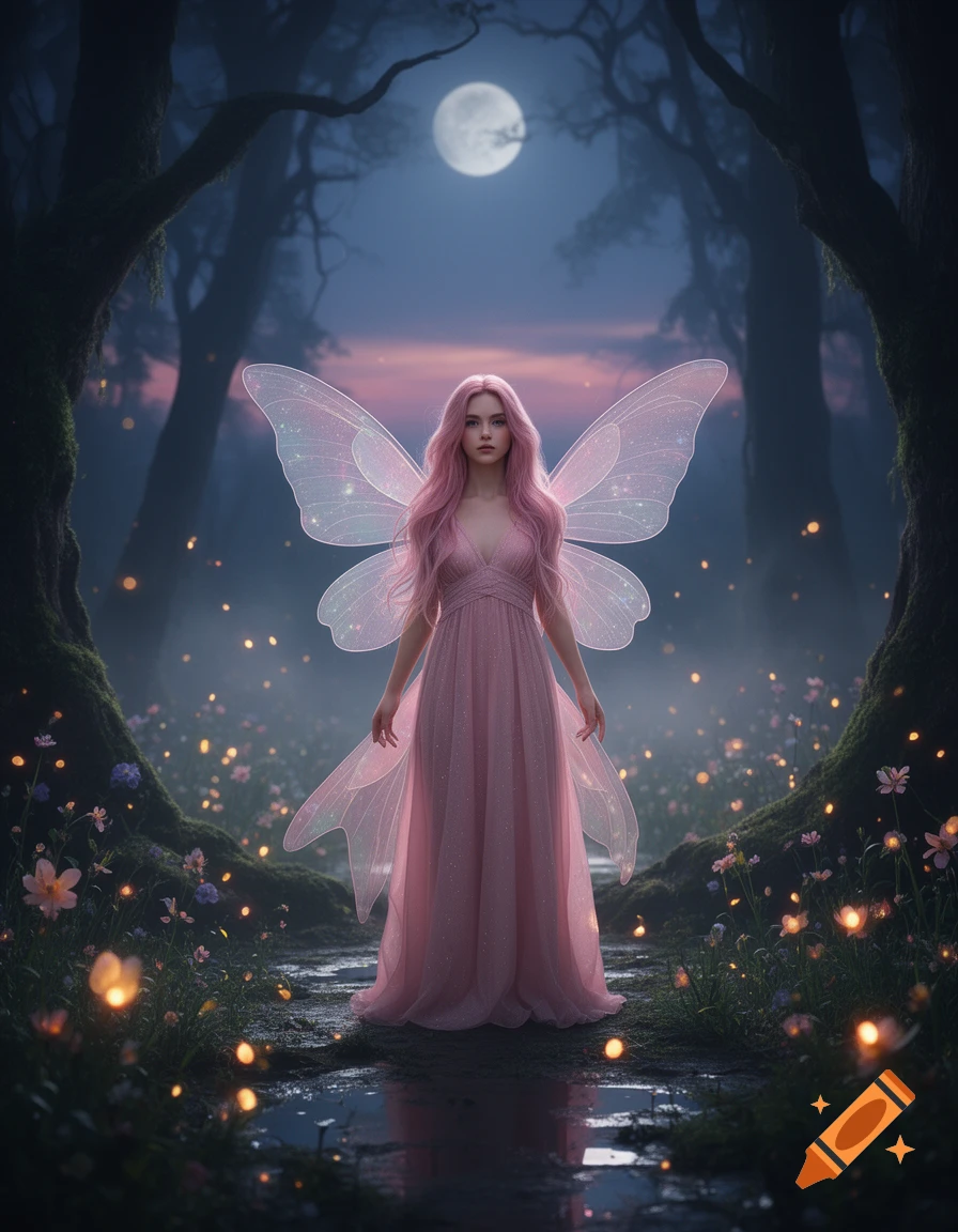 A glowing fairy with pink hair and translucent wings stands in a mystical forest at night under a full moon.