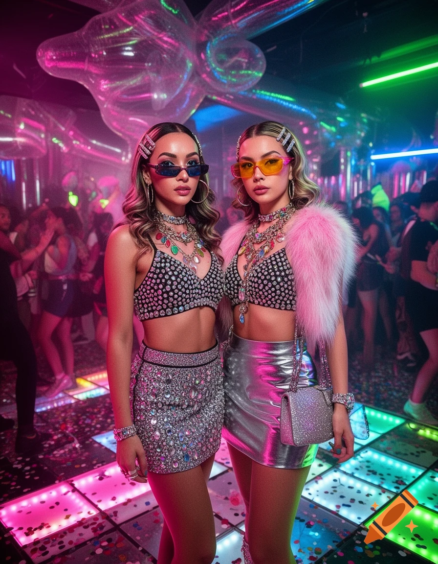Two young women posing at a Y2K-themed rave, wearing rhinestone crop tops, futuristic sunglasses, and sparkling skirts amidst glowing lights.