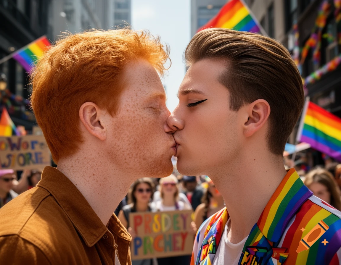 Photorealistic close-up of two young men kissing at a pride parade with rainbow flags and blurred background.