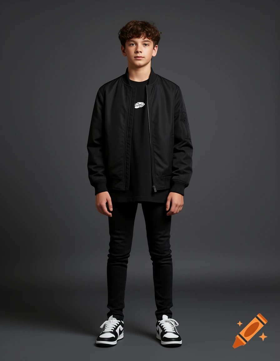 Full-body studio photograph of a 15-year-old boy wearing a black bomber jacket, black t-shirt, black skinny jeans, and white sneakers against a dark gray background.