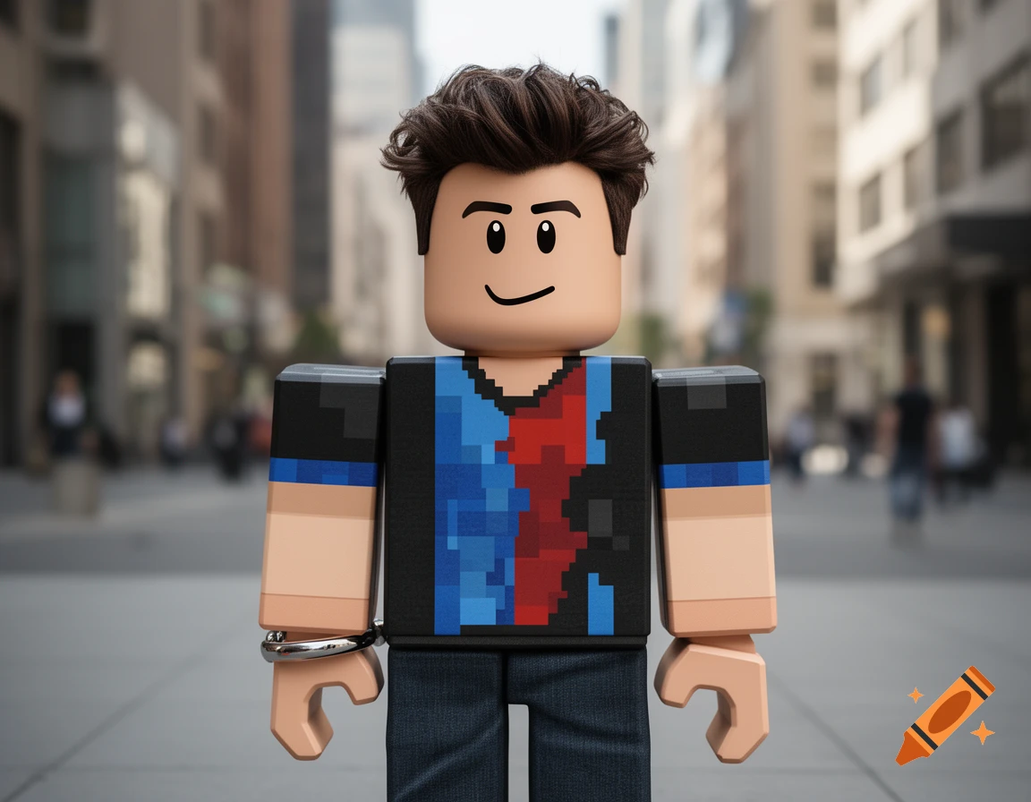 A photorealistic 3D render of a Roblox character with brown hair and a blue and black shirt standing in a city street.