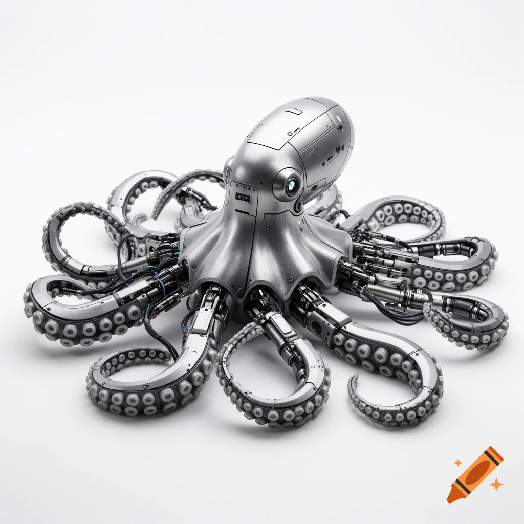 Photorealistic robotic octopus made of metallic and mechanical parts against a white background.
