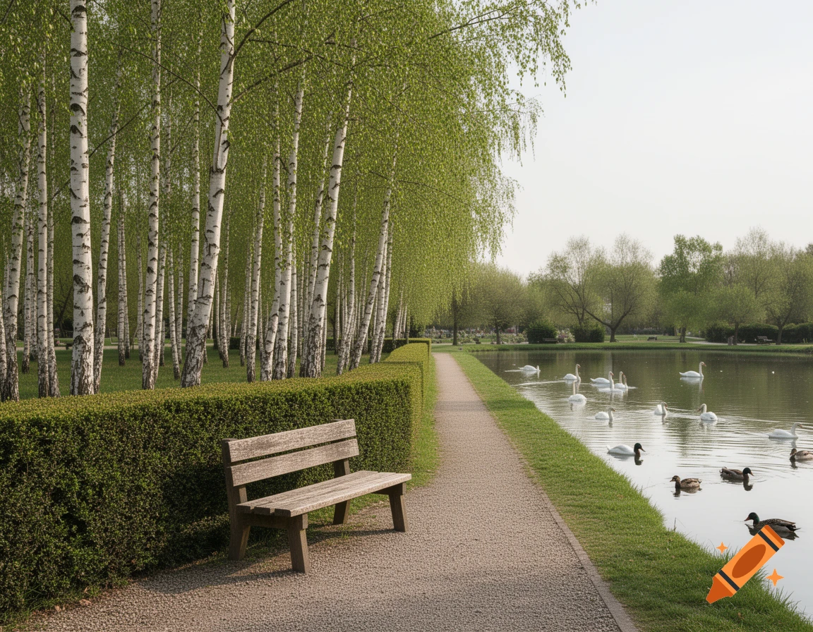 A photorealistic park scene with a wooden bench, a gravel path, a birch grove, and a pond with swimming swans and ducks.