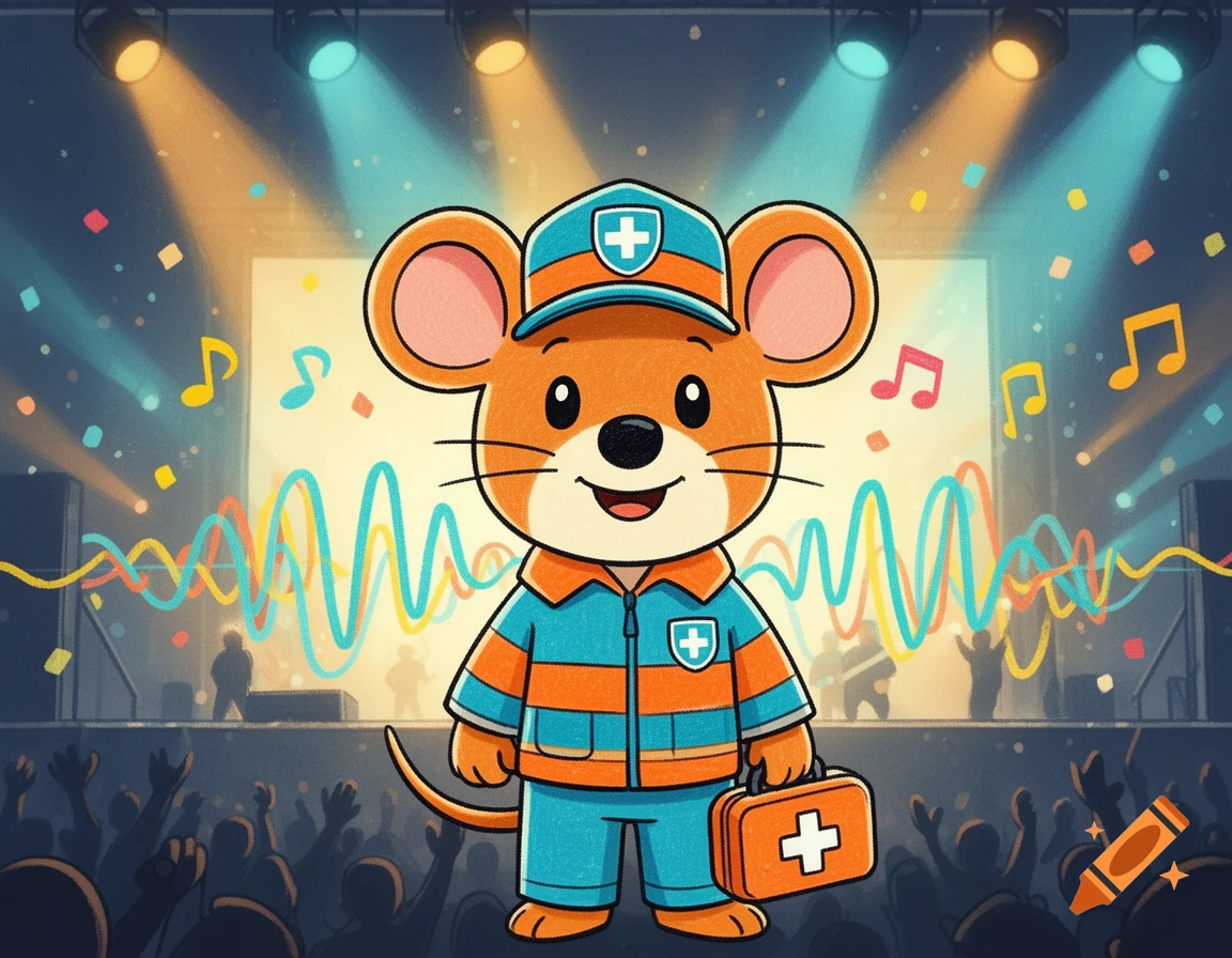 Children's book style illustration of an orange mouse in a paramedic outfit holding a medical case in front of a concert stage.