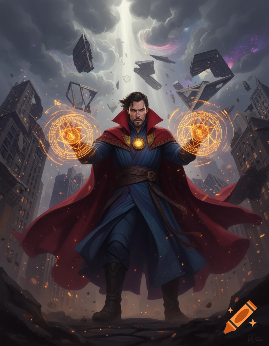 Digital illustration of Doctor Strange casting magic spells with glowing orange mandalas in a destroyed city street.