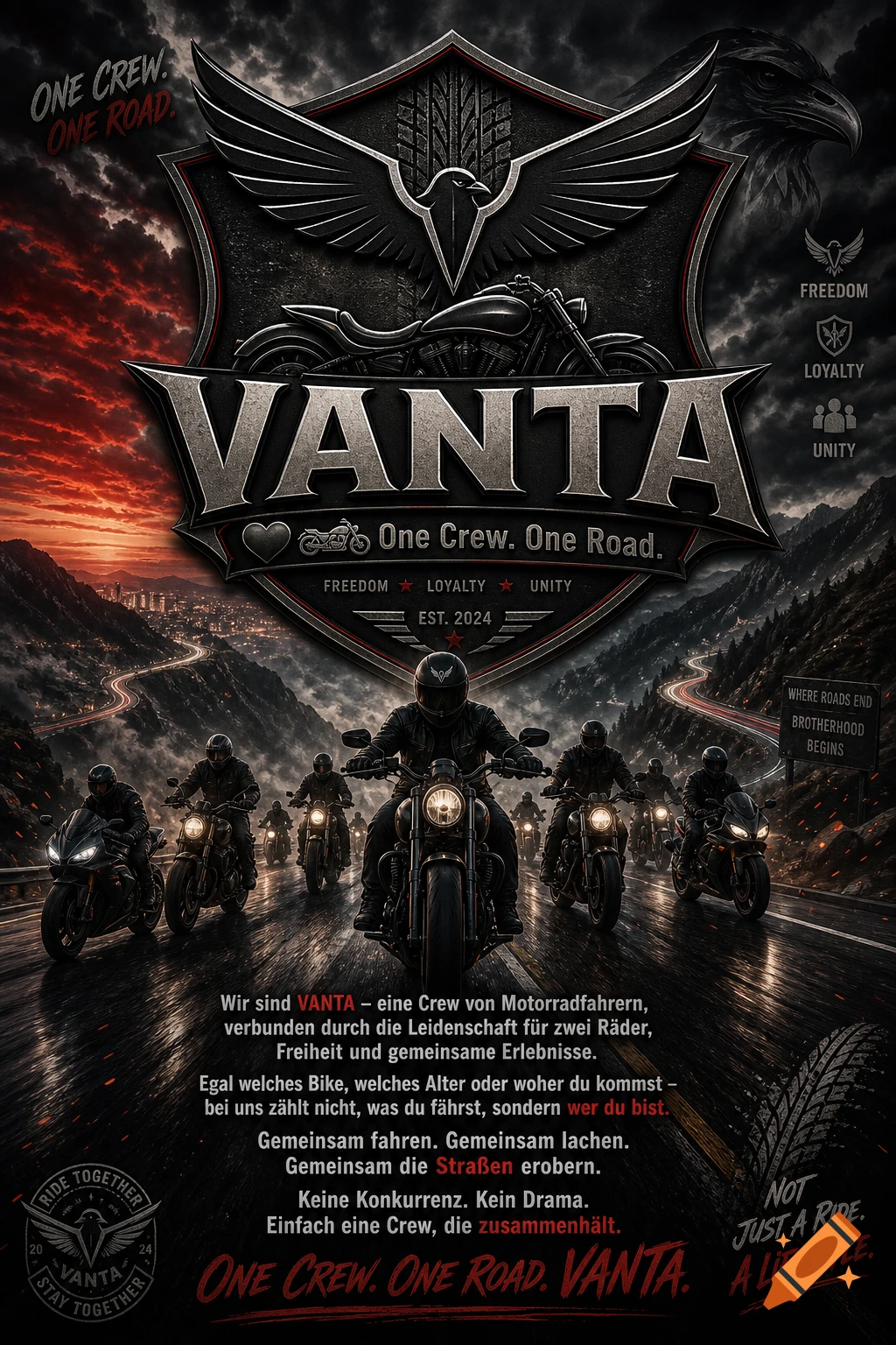 A poster for motorcycle crew VANTA featuring multiple riders on a wet mountain road at sunset under a dark eagle emblem.