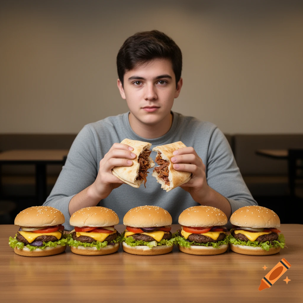 A young man holds a half-eaten sandwich with meat filling, sitting at a table with five cheeseburgers in a photorealistic style.