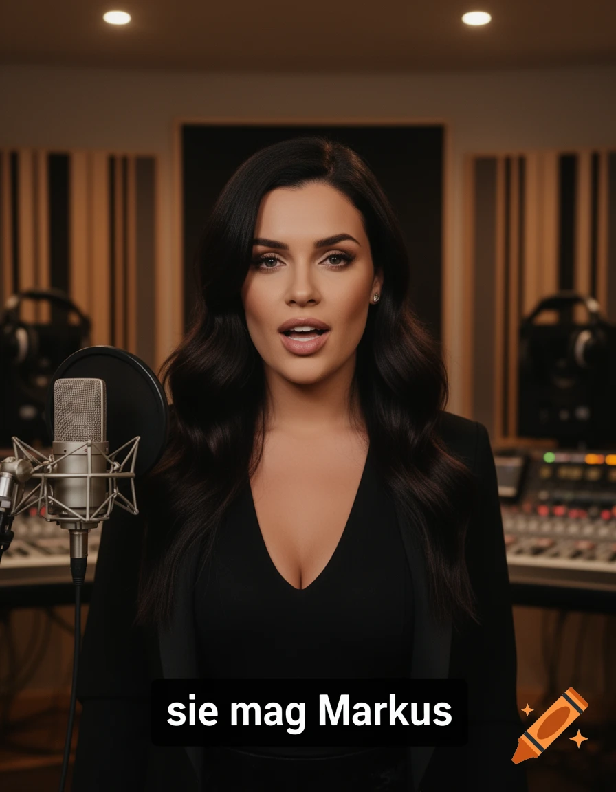 Photorealistic medium shot of a woman with dark hair singing into a studio microphone, with subtitle text reading "sie mag Markus".