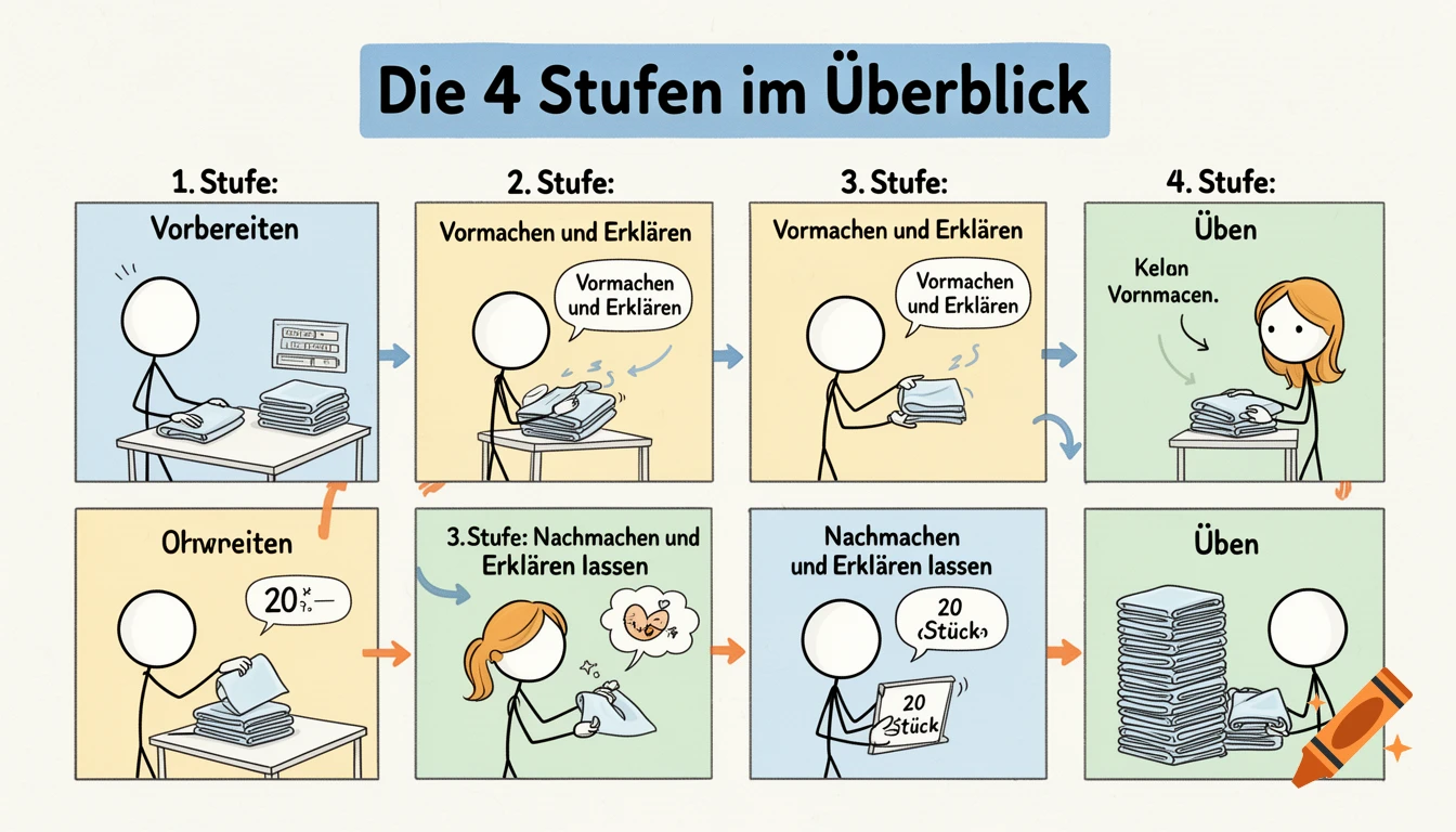 Comic style illustration of a four-step instructional method with stick figures and German text.