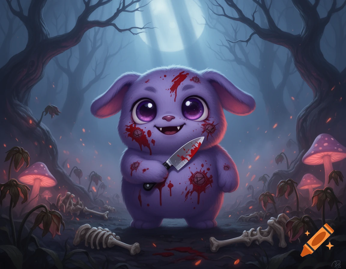A cute, purple furry monster holding a bloody knife in a dark, spooky forest with glowing mushrooms and bones, digital illustration style.