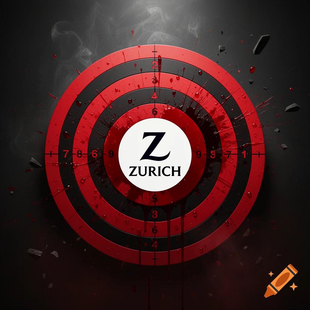 A red and black dartboard with blood splatters and the Zurich logo in the center.