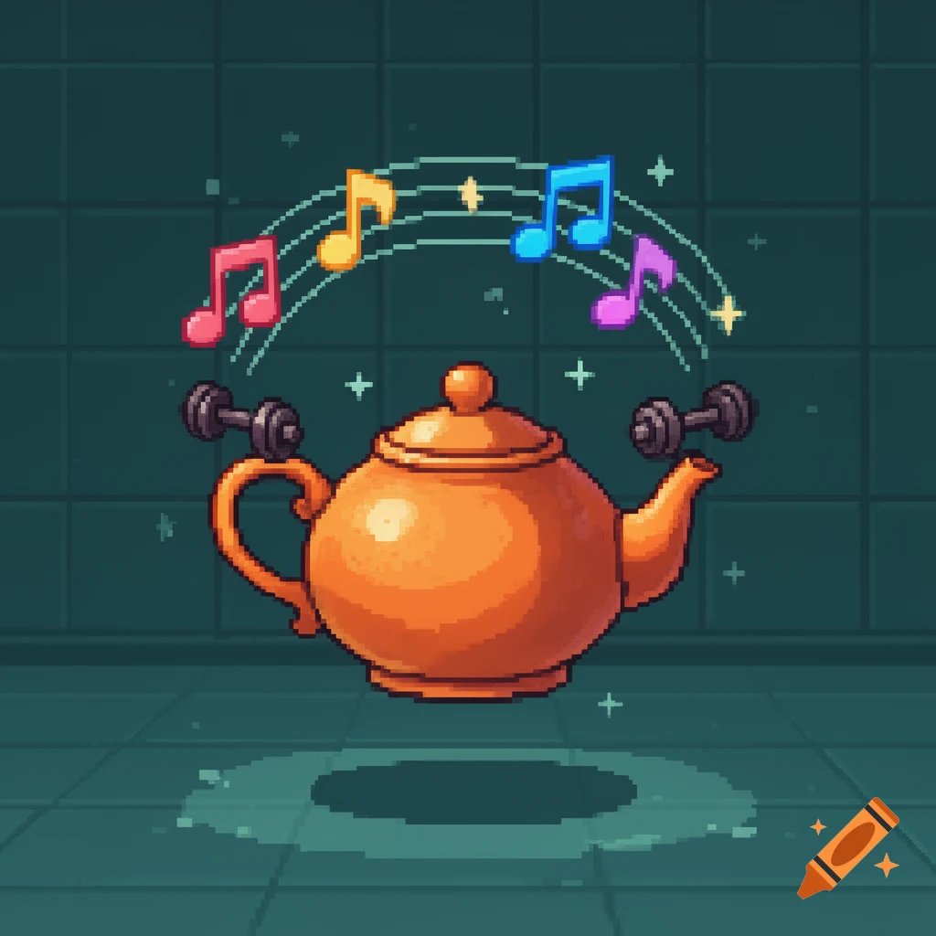 Pixel-art orange teapot lifting weights with colorful musical notes floating above it, set against a dark teal tiled background.