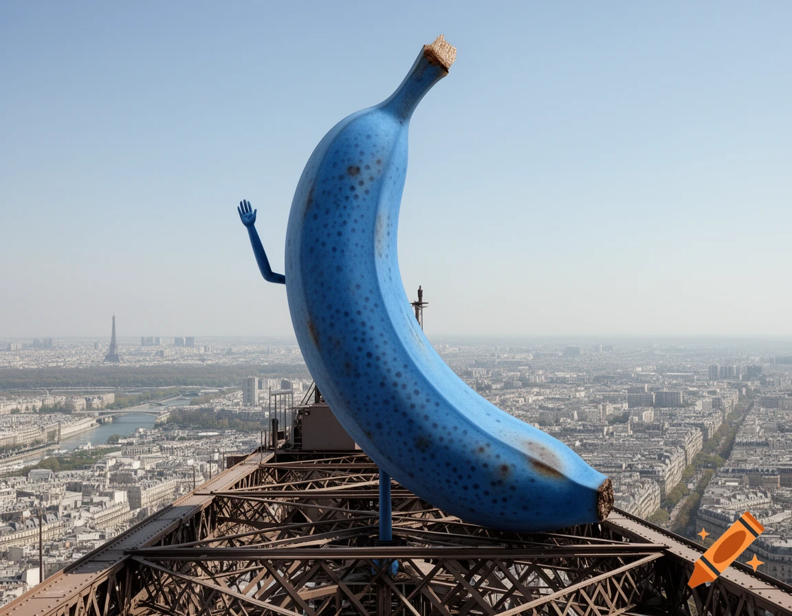 Photorealistic image of a giant blue banana with a waving hand standing on top of the Eiffel Tower, overlooking Paris.