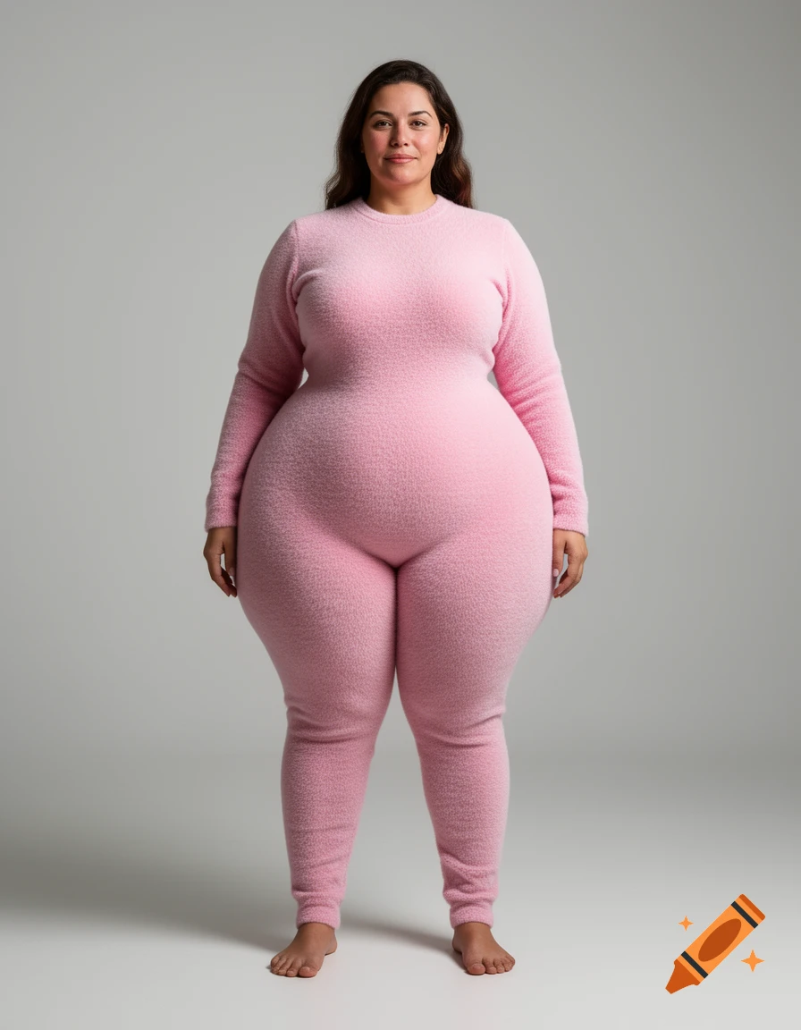 Photorealistic full-body portrait of a smiling woman wearing a fluffy pink seamless jumpsuit against a grey background.