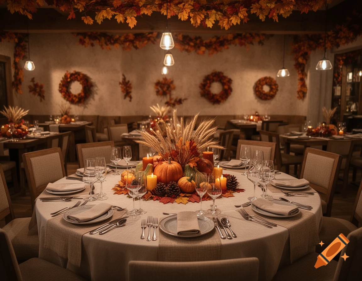 Photorealistic autumn-themed restaurant interior with a round dining table set for ten people, decorated with pumpkins, candles, and fall leaves.