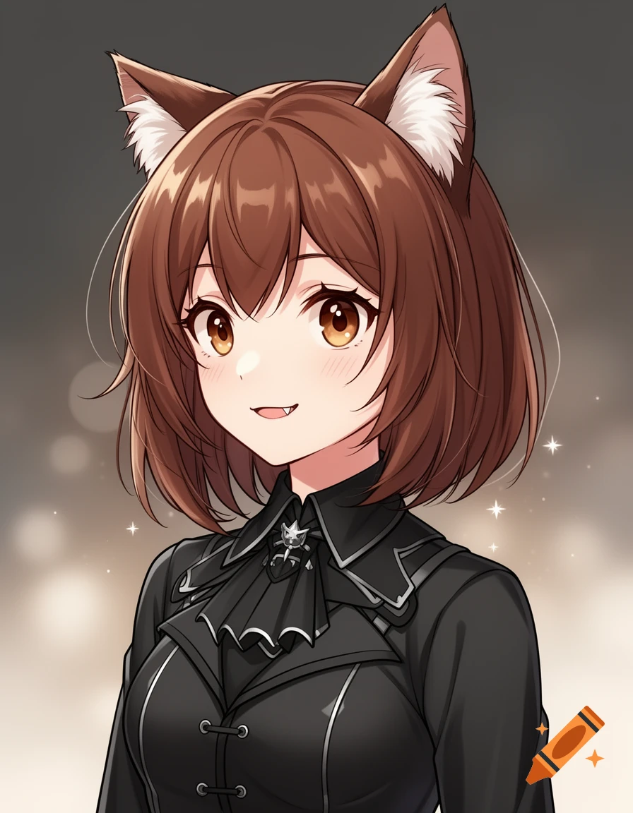 Manga style portrait of a cute brown haired cat girl with brown eyes wearing a black outfit.