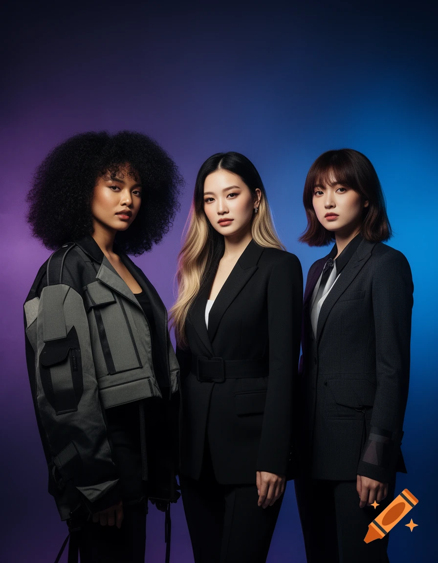Photorealistic studio portrait of three diverse young women standing in a row against a gradient blue and purple background.