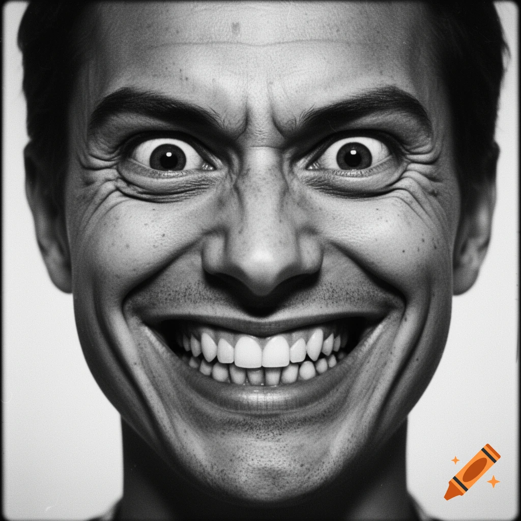 Black and white close-up portrait of a man with wide eyes and an exaggerated, wide, toothy smile.