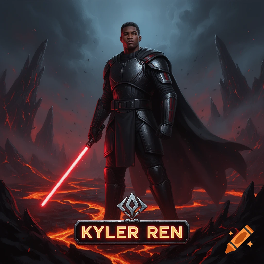 Kyler Murray as a Star Wars Sith holding a red lightsaber on a volcanic planet.