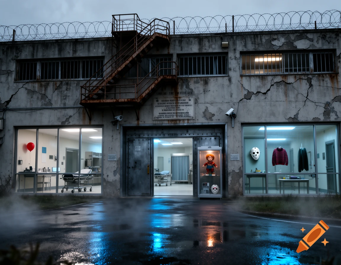 A creepy industrial asylum building at night with lit windows displaying horror movie memorabilia, wet pavement with blue reflections.
