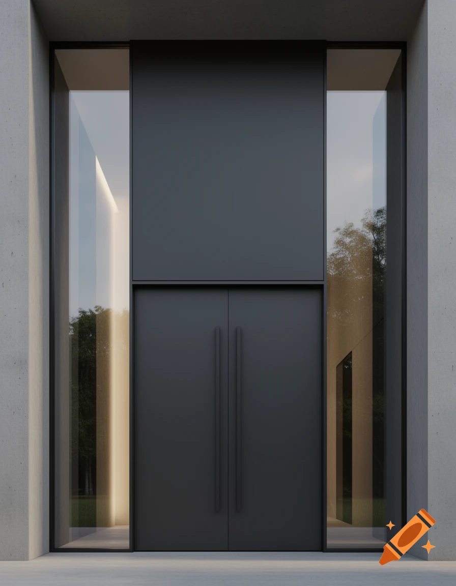 Photorealistic architectural view of a modern charcoal grey pivot door and matching fixed panels with glass sidelights.