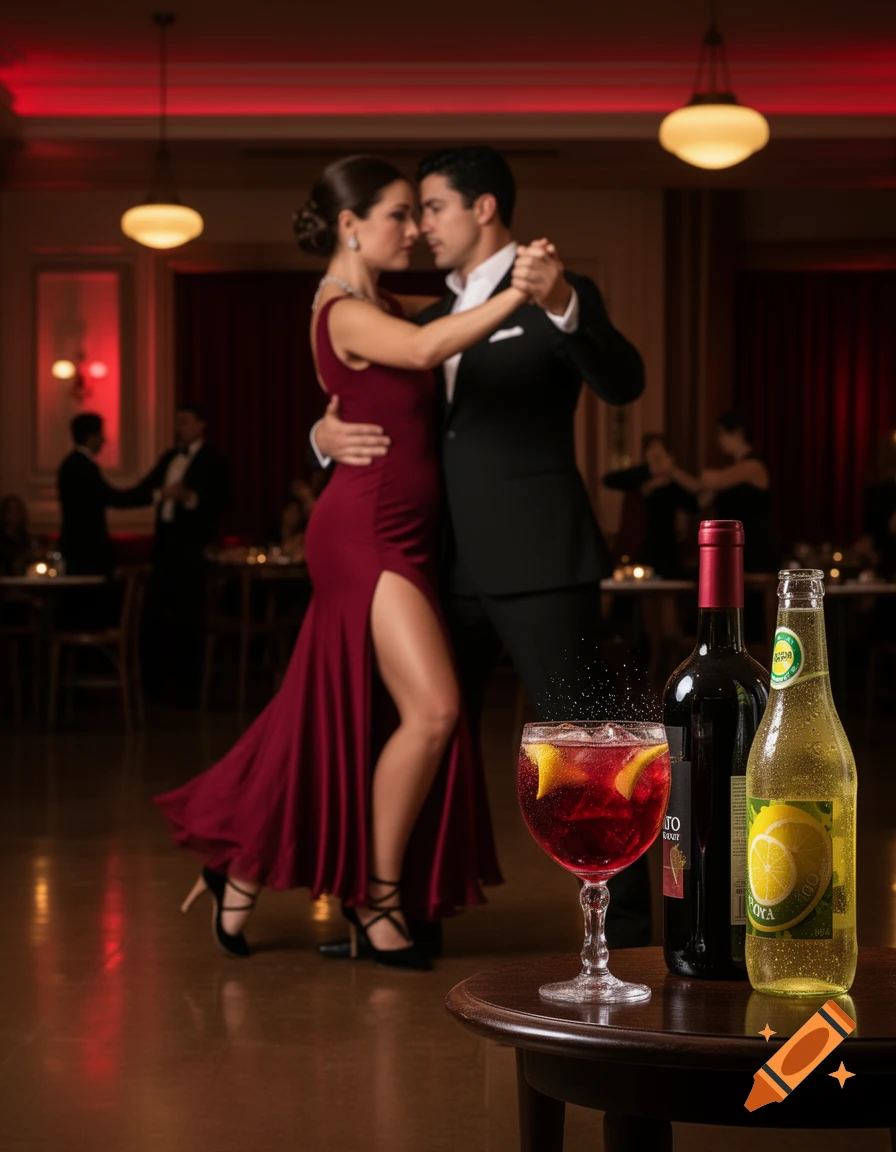 Photorealistic image of a couple dancing tango in a restaurant with a drink, wine bottle, and soda bottle in the foreground.