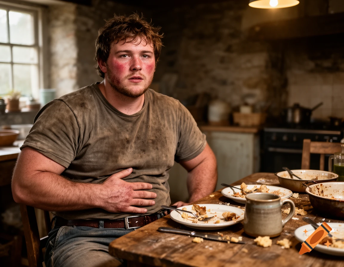 Photorealistic medium shot of a rugged, heavy-set young man with flushed cheeks sitting at a wooden table in a rustic stone kitchen after eating.