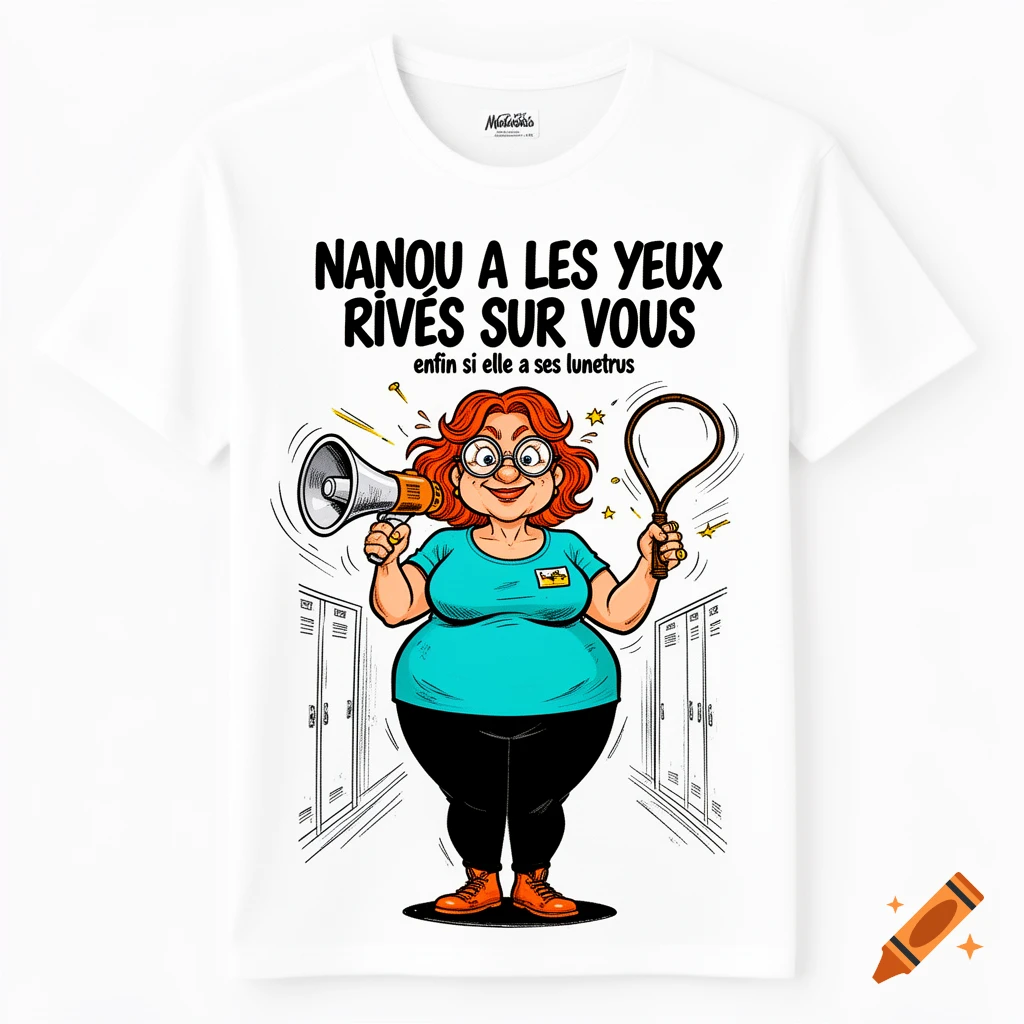 A white t-shirt featuring a cartoon illustration of a red-haired woman holding a megaphone and a flyswatter.
