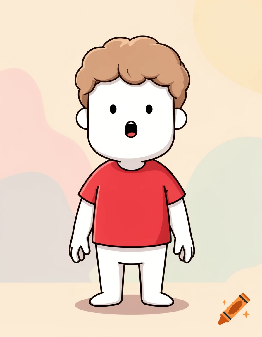 Cartoony illustration of a short white-skinned figure with bushy light-brown hair and a red t-shirt standing against a pastel background.